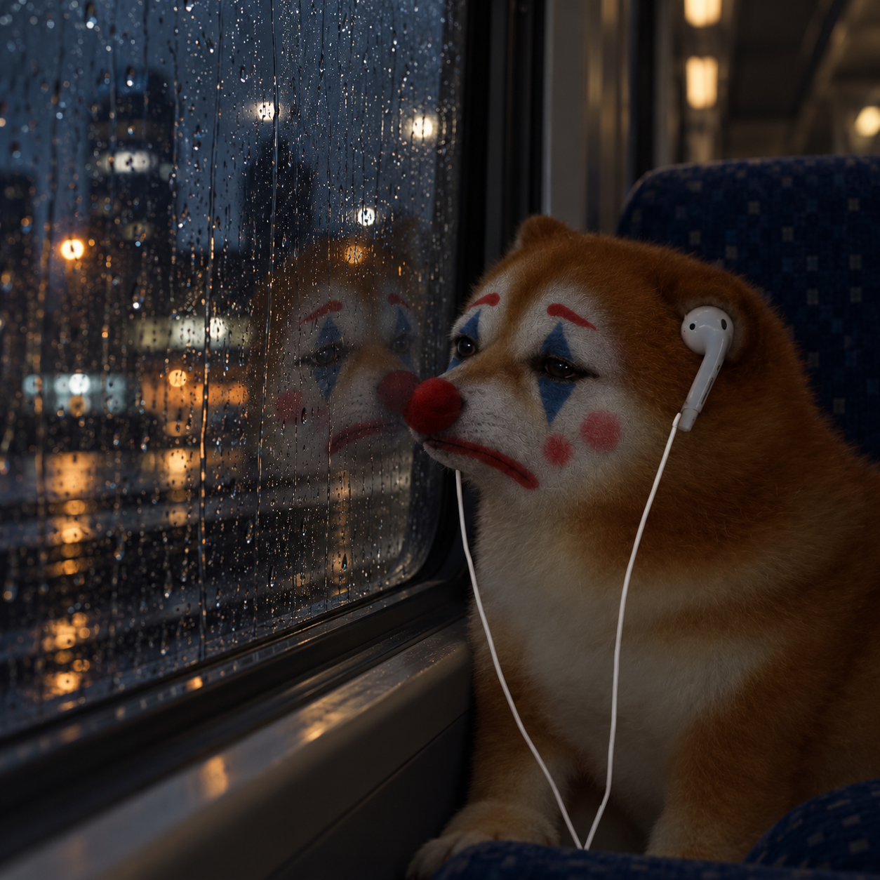 Sad clown dog listening to music beside a rain-covered train window