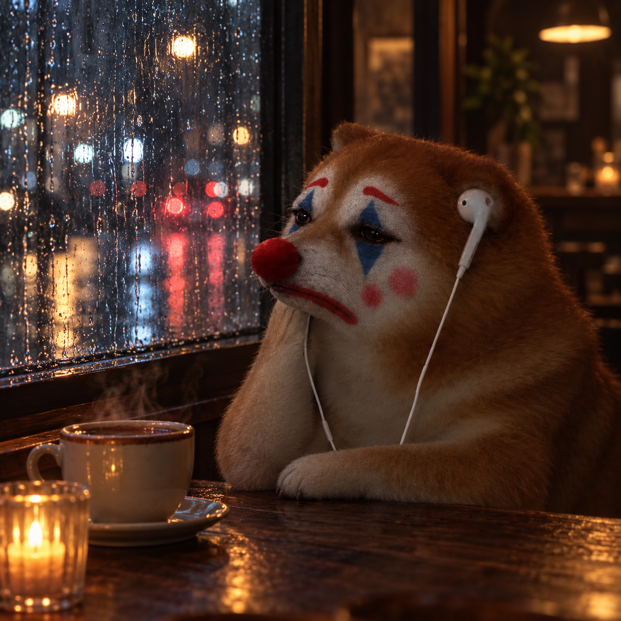 Clown dog in a warm café, watching the rain