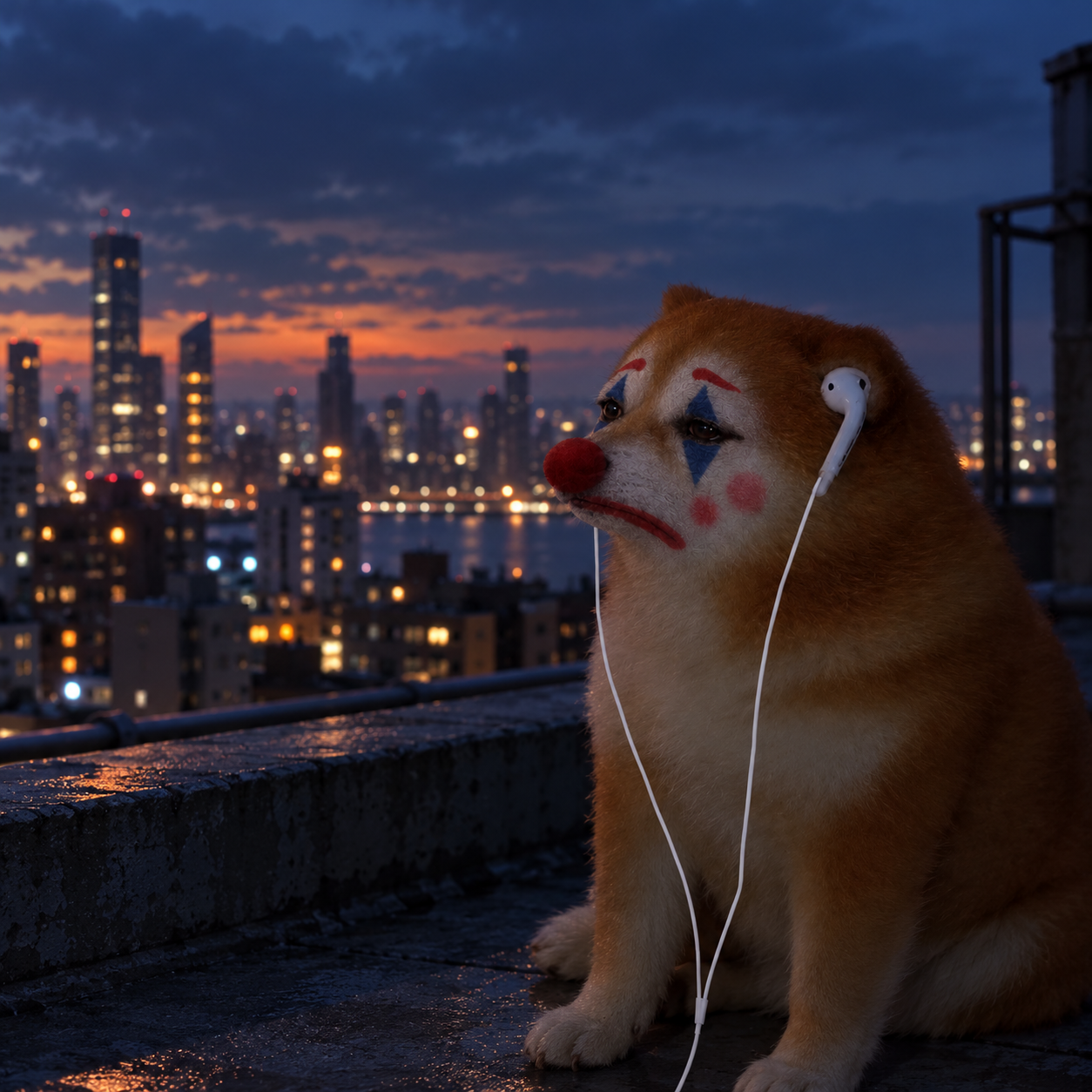 Sad dog looking over a city skyline at dusk