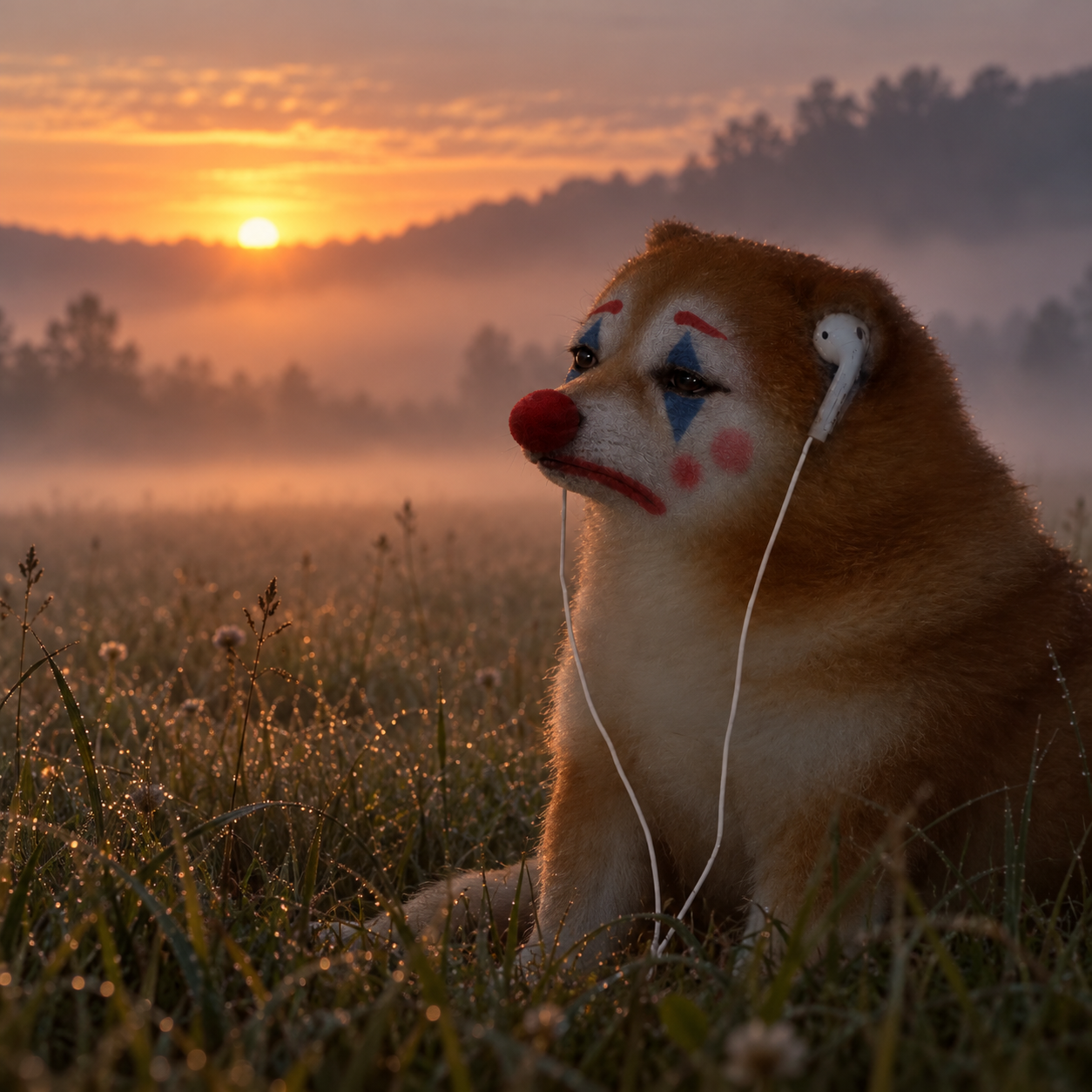 Sad dog sitting in a field as the sun rises
